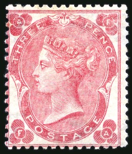 Stamp of Great Britain » 1855-1900 Surface Printed » 1862-64 Small Uncoloured Corner Letters 1862-64 3d Bright Carmine-Rose pl.2 FA mint large part original gum