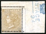 Stamp of Great Britain » 1855-1900 Surface Printed » 1862-64 Small Uncoloured Corner Letters 1862-64 9d Bistre pl.2 mint, marginal example from the upper right of the sheet