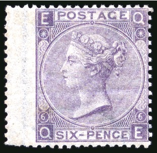 Stamp of Great Britain » 1855-1900 Surface Printed » 1865-67 Large Uncoloured Corner Letters, Wmk Large Garter & Emblems 1865-67 6d Lilac pl.6 QE, fresh mint with large part original gum