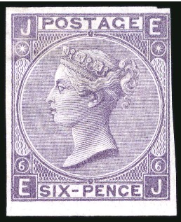 Stamp of Great Britain » 1855-1900 Surface Printed » 1867-80 Large Uncoloured Corner Letters, Wmk Spray of Rose 1867 6d Lilac pl.6 EJ imperforate colour trial on thin unwatermarked wove paper without gum