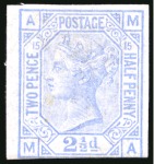 Stamp of Great Britain » 1855-1900 Surface Printed » 1873-80 Large Coloured Corner Letters 1873-80 2 1/2d Pale Blue pl.15 MA, imperforate colour trial on gummed paper