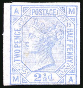 Stamp of Great Britain » 1855-1900 Surface Printed » 1873-80 Large Coloured Corner Letters 1873-80 2 1/2d Pale Blue pl.15 MA, imperforate colour trial on gummed paper