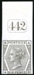 Stamp of Great Britain » 1855-1900 Surface Printed » 1873-80 Large Coloured Corner Letters 1873-80 6d Deep Grey pl.15 AB marginal imprimatur from the top of the sheet, the unique position piece showing "442" current number