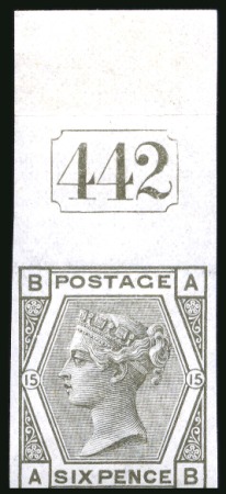 Stamp of Great Britain » 1855-1900 Surface Printed » 1873-80 Large Coloured Corner Letters 1873-80 6d Deep Grey pl.15 AB marginal imprimatur from the top of the sheet, the unique position piece showing "442" current number
