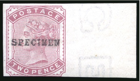 Stamp of Great Britain » 1855-1900 Surface Printed » 1880-81 Provisional Issue and 1881 1d Lilac 1880-81 2d Pale Rose pl.1 marginal imprimatur from the right of the sheet, overprinted "Specimen" type 9