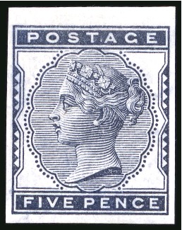 Stamp of Great Britain » 1855-1900 Surface Printed » 1880-81 Provisional Issue and 1881 1d Lilac 1880-81 5d Indigo pl.3 (never put to press), imperforate imprimatur taken from the spare registration sheet
