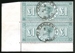 Stamp of Great Britain » 1855-1900 Surface Printed » 1887-1900 Jubilee Issue & 1891 £1 Green 1891 £1 Green IA-JA vertical pair from the lower left corner of the sheet, each neatly cancelled by a fine strike of "Guernsey M.O.O" cds