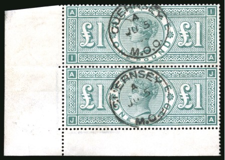 Stamp of Great Britain » 1855-1900 Surface Printed » 1887-1900 Jubilee Issue & 1891 £1 Green 1891 £1 Green IA-JA vertical pair from the lower left corner of the sheet, each neatly cancelled by a fine strike of "Guernsey M.O.O" cds