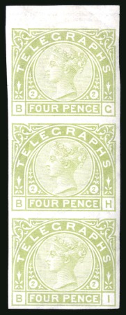 Stamp of Great Britain » Telegraphs 1877 4d Sage-Green pl.2 imperforate vertical strip of three from the top of the sheet