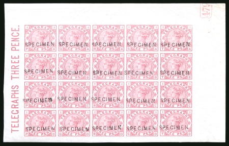 Stamp of Great Britain » Telegraphs 1876 3d Carmine pl.1 imperforate colour standard sheet of 20