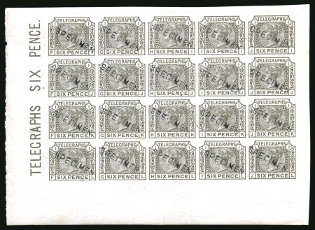 Stamp of Great Britain » Telegraphs 1877 6d Colour trial in a deeper colour than the issued shade, imperforate pane of 20, each overprinted "Specimen" type 11