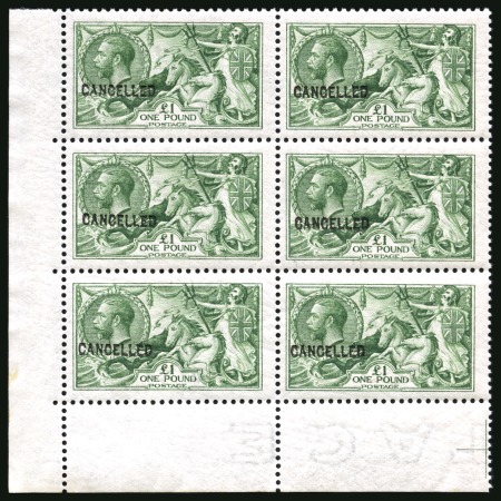 Stamp of Great Britain » King George V » 1913-19 Seahorse Issues 1912-13 £1 Colour trial in yellowish green in a deep shade, a stunning mint nh corner marginal block of six