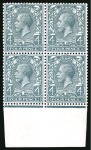 Stamp of Great Britain » King George V » 1912-24 Profile Head Issues 1912-24 4d Slate-Green mint marginal block of four from the foot of the sheet with variety double watermark 