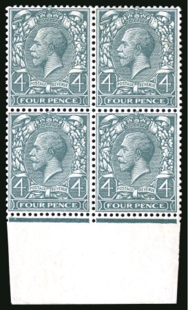 Stamp of Great Britain » King George V » 1912-24 Profile Head Issues 1912-24 4d Slate-Green mint marginal block of four from the foot of the sheet with variety double watermark 