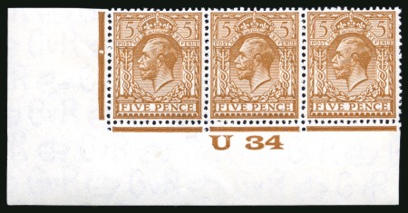 Stamp of Great Britain » King George V » 1924-36 Issues 1934 Waterlow provisional printing 5d deep bright ochre-brown "U34" control strip of three 