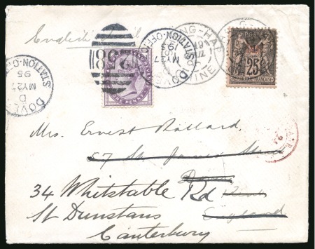 Stamp of China » Foreign Post Offices » French Post Offices 1895 (April 19) Cover to England franked by overprinted Sage 25c, redirected from Dover to Canterbury with application of 1881 1d violet 