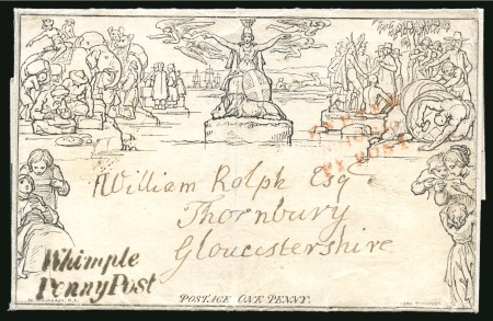 Stamp of Great Britain » 1840 Mulreadys & Caricatures 1840 (Nov 10) Mulready 1d wrapper from Whimple to Thornbury via Bristol, the lower left showing a fine strike of "Whimple Penny Post" 
