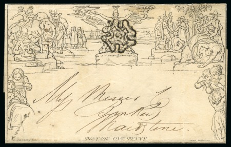 Stamp of Great Britain » 1840 Mulreadys & Caricatures 1843 (Dec 23) 1d Mulready letter sheet to Maidstone, cancelled by a superb strike of the number "9" in black Maltese cross