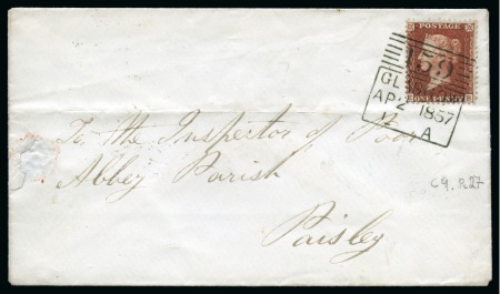 Stamp of Great Britain » 1854-70 Perforated Line Engraved 1857 (Ap 2) 1d. red Pl. 27 (unchecked), EB,  used on