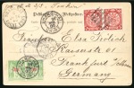 Stamp of China » Foreign Post Offices » French Post Offices 1900 (July 26) Postcard to Frankfurt franked by China 1898 2c pair, tied by "Pa-kua", in combination with overprinted Sage 5c type I pair