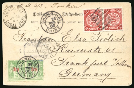Stamp of China » Foreign Post Offices » French Post Offices 1900 (July 26) Postcard to Frankfurt franked by China 1898 2c pair, tied by "Pa-kua", in combination with overprinted Sage 5c type I pair