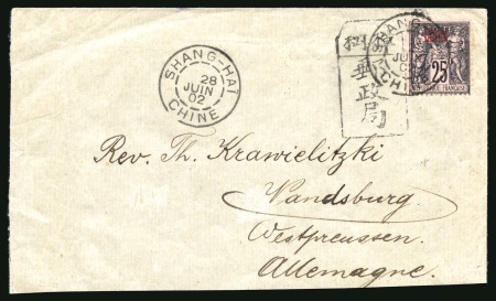 Stamp of China » Foreign Post Offices » French Post Offices 1902 (June 24) Cover to Germany, bearing rare tombstone hs of Changshu and overprinted Sage 25c
