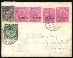Stamp of China » Foreign Post Offices » French Post Offices 1901 Cover to London, with China 1898 10c tied by bilingual "WEIHAIWEI" cds, overprinted Sage 25c  and India "C.E.F." overprinted 3p two pair