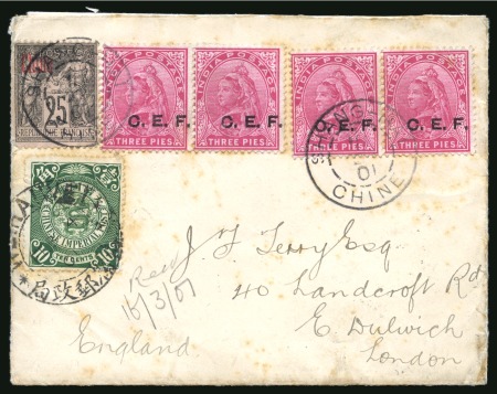 Stamp of China » Foreign Post Offices » French Post Offices 1901 Cover to London, with China 1898 10c tied by bilingual "WEIHAIWEI" cds, overprinted Sage 25c  and India "C.E.F." overprinted 3p two pair