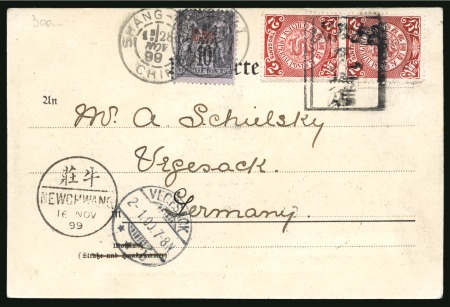 Stamp of China » Foreign Post Offices » French Post Offices 1899 Postcard to Germany bearing China 1898 2c vertical pair, tied by tombstone cancel, and overprinted Sage 10c type II