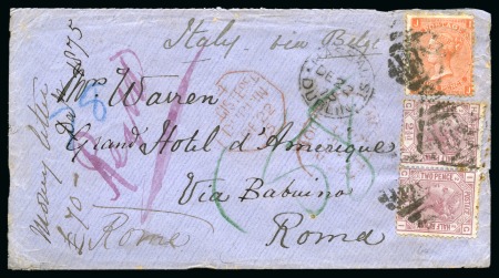Stamp of Great Britain » 1854-1900 Postal History of the Perforated Line Engraved and Surface Printed Issues 1875 (Dec 22) Envelope with 1875 2 1/2d rosy mauve pl.2 on blued paper GH-GI pair