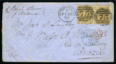 Stamp of Great Britain » 1854-1900 Postal History of the Perforated Line Engraved and Surface Printed Issues 1865 (Feb 23) Envelope from Birmingham to Brazil with 1862-64 9d bistre pl.2 pair with French maritime marking