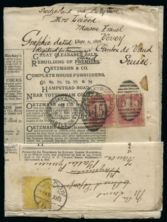 Stamp of Great Britain » 1854-70 Perforated Line Engraved 1876 (Sep 6) "The Graphic" newspaper sent to Switzrtland with two 1864-79 1d red pl.167 and redirected with Swiss 15c