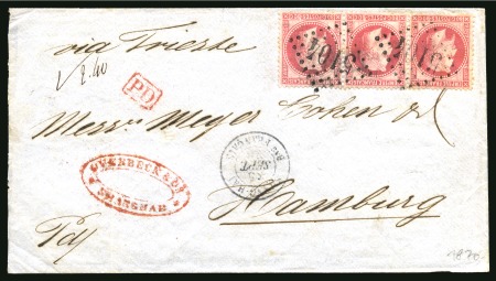 Stamp of China » Foreign Post Offices » French Post Offices 1870 (Sept 15) Double rate cover from Shanghai to Hamburg, franked by 1867 80c strip of three