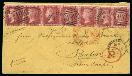 Stamp of Great Britain » 1854-70 Perforated Line Engraved 1858 (Apr 15) Envelope from Manchester to Germany with eight 1858 1d rose-red with one stamp on the reverse cancelled by a RED London transit