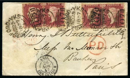 Stamp of Great Britain » 1854-70 Perforated Line Engraved 1857 (Nov 25) Envelope from Bradford to France with four 1857 1d rose-red pl.45 die II, wmk LC, perf.14