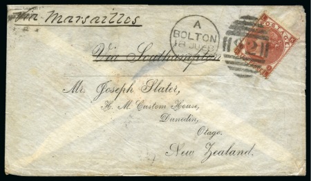 Stamp of Great Britain » 1854-1900 Postal History of the Perforated Line Engraved and Surface Printed Issues 1868 (Jun 18) Envelope to New Zealand with printed address, franked with 1867-80 10d deep red-brown