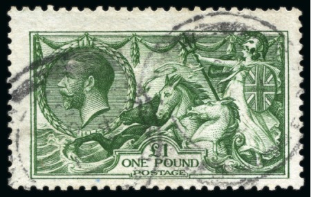 Stamp of Great Britain » King George V » 1913-19 Seahorse Issues 1913 Waterlow £1 Green used with two light double circle ds plus 1915 De La Rue 2s6d deep yellow-brown