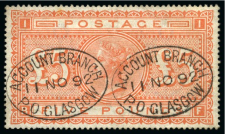 Stamp of Great Britain » 1855-1900 Surface Printed » 1867-83 High Values 1867-83 £5 Orange pl.1 BF neatly cancelled by two crisp "ACCOUNT BRANCH / P.O GLASGOW" oval ds