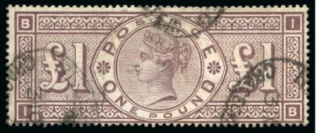 Stamp of Great Britain » 1855-1900 Surface Printed » 1883-84 & 1888 High Values 1888 Wmk Orbs £1 brown-lilac IB with partial "REGISTERED / GRACECHURCH STREET" oval ds 