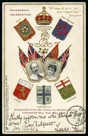 Stamp of Great Britain » King Edward VII » 1902-10 De La Rue Issues 1902 (Aug 9th) Balloon Post card to celebrate Coronation day, flown from Beckenham on the first public airmail flight and dropped over Leeds Castle