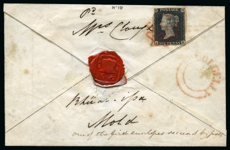 Stamp of Great Britain » 1840 Mulreadys & Caricatures Spooner "Shooting" no.10 Mulready caricature sent from Dolgelly to Mold (Wales) franked on the reverse with 1840 1d black pl.1a AE