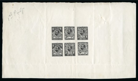 Stamp of Great Britain » King George V » 1911-12 Downey Head Issues 1911 First proof 1/2d, 1d, 1 1/2d, 2d, 2 1/2d and 3d together as a block printed in black on white wove paper