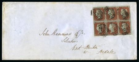 Stamp of Great Britain » 1841 1d Red 1852 (Aug 10) Long envelope from York to Bedale with 1852 1d red-brown pl.133 AJ/BL block of six