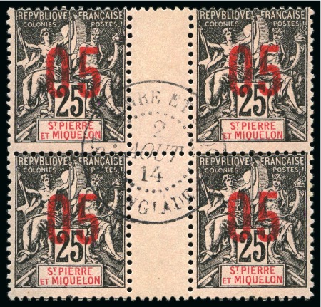 Stamp of Colonies françaises » St. Pierre et Miquelon 1912, Y&T 98A en bloc de 4 avec variété chiffres