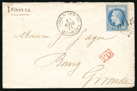Stamp of Japan » Foreign Post Offices » French Military Mail 1871 (April 15) Cover to Bourg-sur-Gironde franked by 1863 20c, snet during the "Commune" period