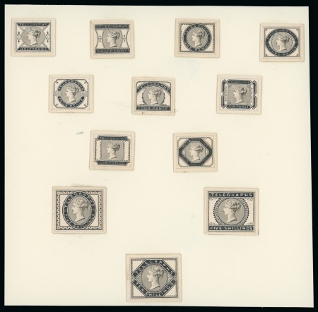Stamp of Great Britain » Telegraphs 1875 Telegraphs set of twelve 1/2d to 10s beautifully executed stamp size hand painted essays from the De La Rue Archives