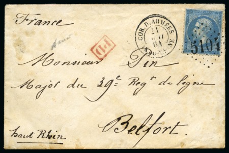 Stamp of China » Foreign Post Offices » French Military Mail 1864 (May 21) Envelope to Belfort franked by 20c with "COR.D.ARMÉES/INDO-CHINE" cds
