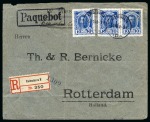 Stamp of Russia » Ship Mail » Ship Mail in the Baltic Sea 1914 Printed envelope sent registered to Holland franked 1913 Romanov 10R pair and single tied on arrival in Copenhagen 