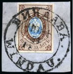 Stamp of Russia » Russia Imperial 1857-58 First Issues Arms 10k brown & blue (St. 1) 1857 10k pl.I with large even margins, tied to small piece by virtually complete bilingual "WINDAU" (Latvia) double circle ds