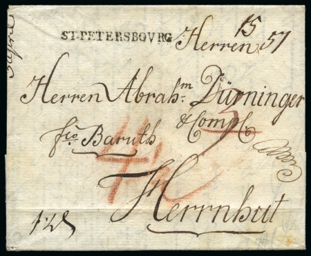 Stamp of Russia » Russia Imperial Pre-Stamp Postal History 1780 (Feb 14) Entire to Herrnhut, Germany, with crisp "ST. PETERSBOVRG" handstamp at top